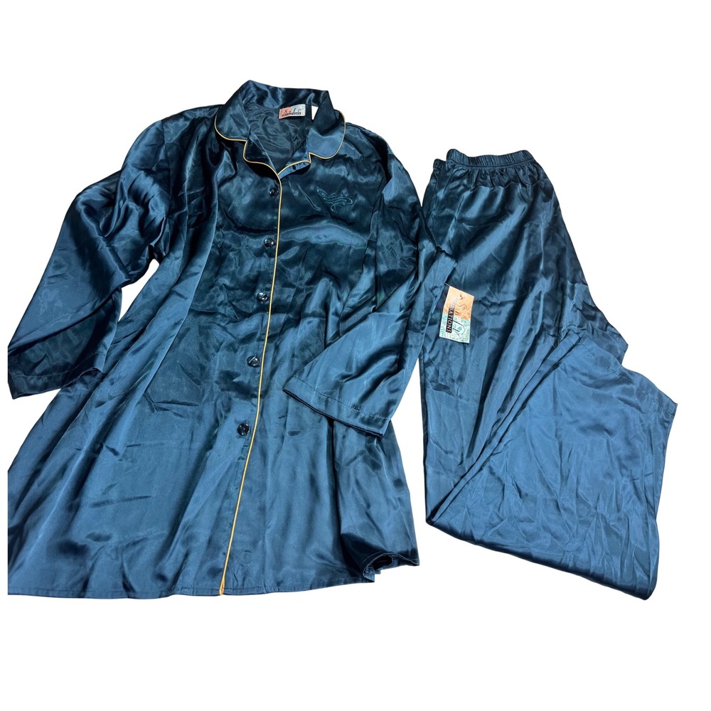 Soft Sensations 2X Pajama Set‎ Womens Blue Gold Trim Sleepwear Loungewear